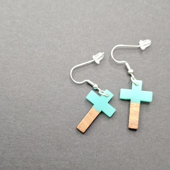 Turquoise and Wood Cross Earrings - Picture 4 of 5